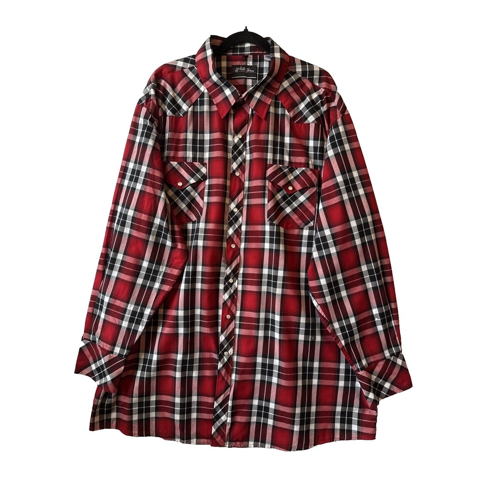 White Horse Western Red Plaid Pearl Snap Long‎ Sleeve Shirt 3XLT Rodeo Cowboy